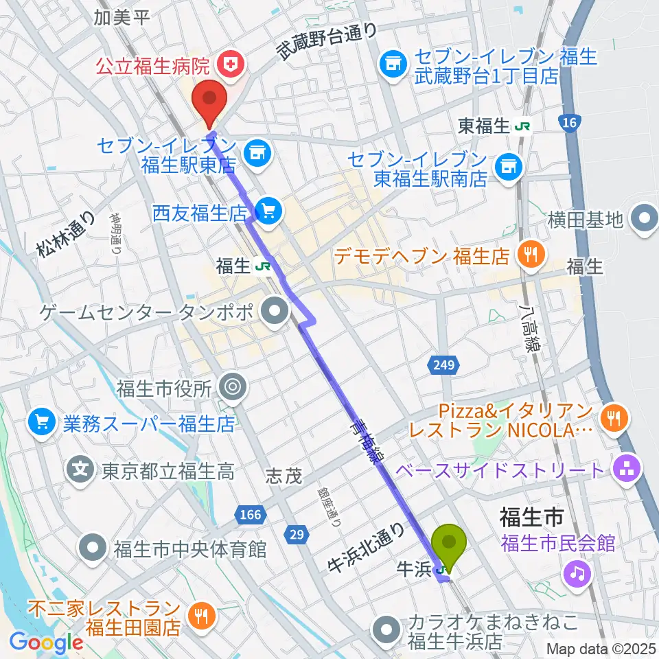 牛浜駅から宮地楽器 福生センターへのルートマップ地図