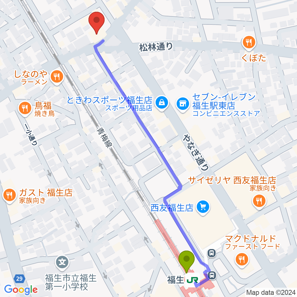 宮地楽器 福生センターの最寄駅福生駅からの徒歩ルート（約7分）地図