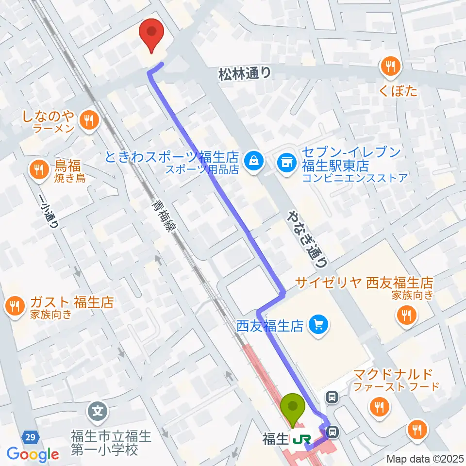宮地楽器 福生センターの最寄駅福生駅からの徒歩ルート（約7分）地図