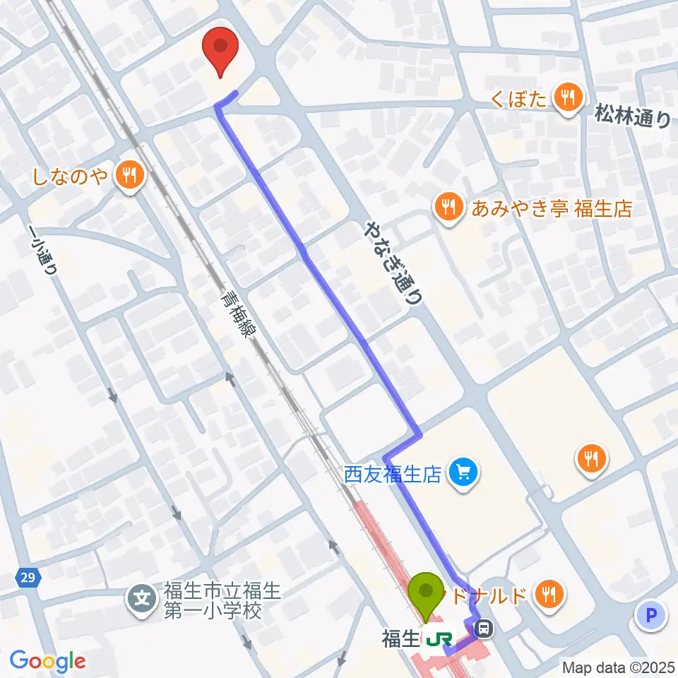 宮地楽器 福生センターの最寄駅福生駅からの徒歩ルート（約7分）地図