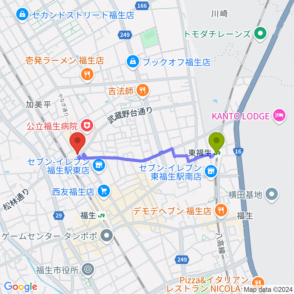 東福生駅から宮地楽器 福生センターへのルートマップ地図