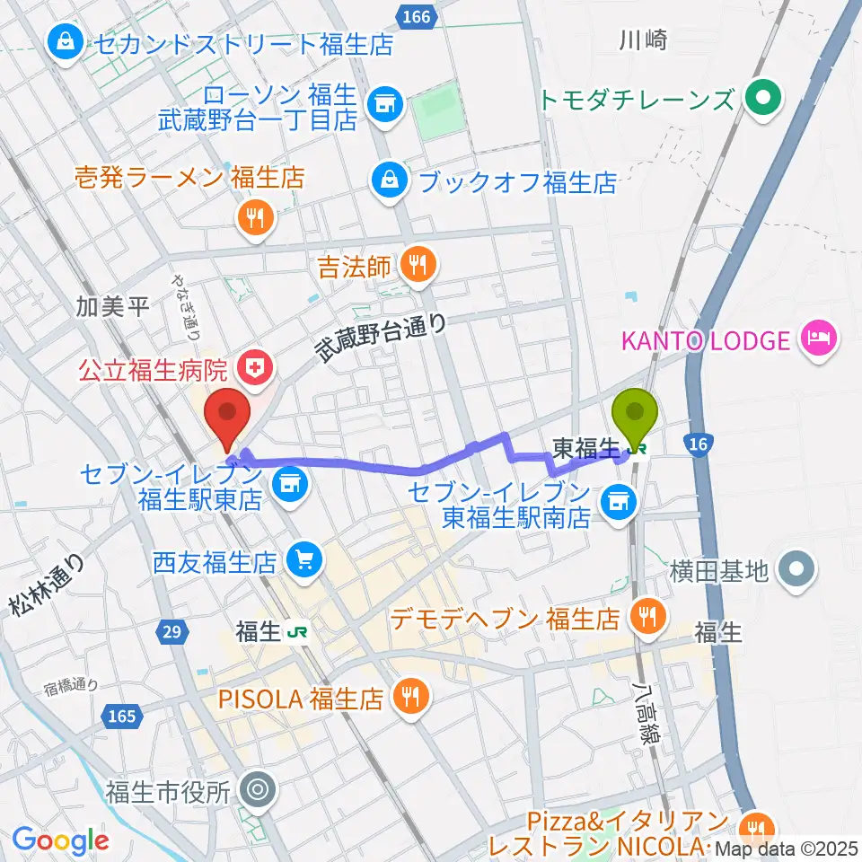 東福生駅から宮地楽器 福生センターへのルートマップ地図
