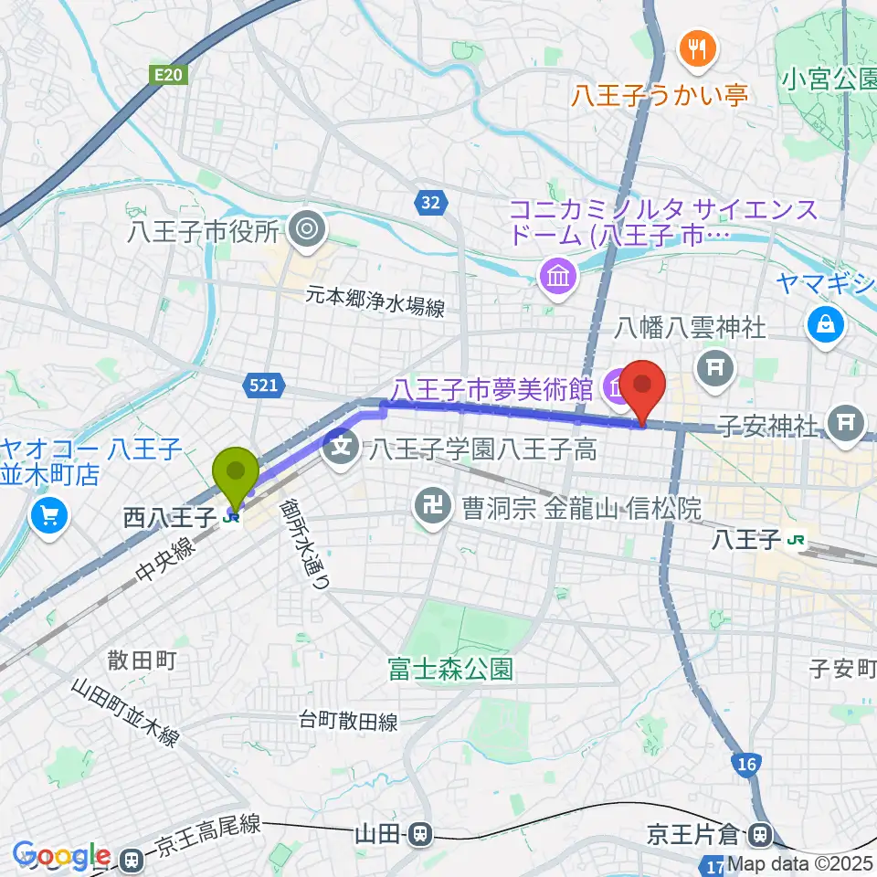 西八王子駅から宮地楽器 八王子センターへのルートマップ地図