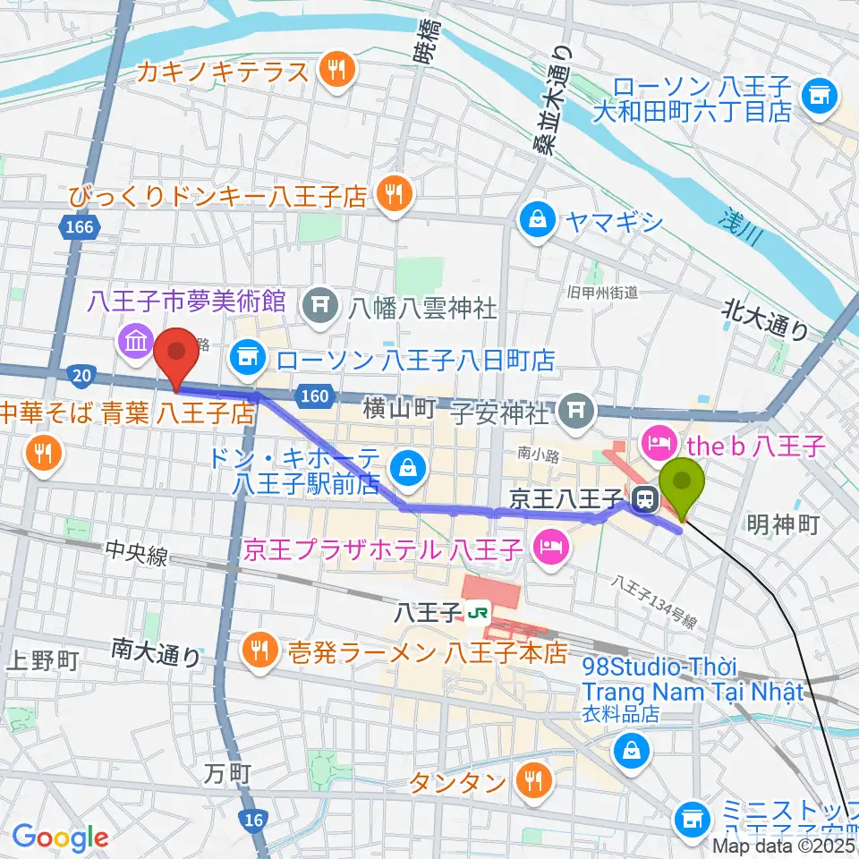 京王八王子駅から宮地楽器 八王子センターへのルートマップ地図