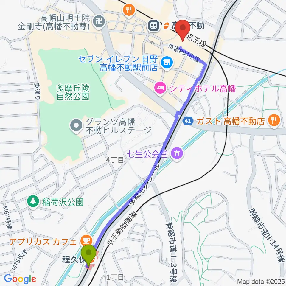 程久保駅から宮地楽器 高幡センターへのルートマップ地図