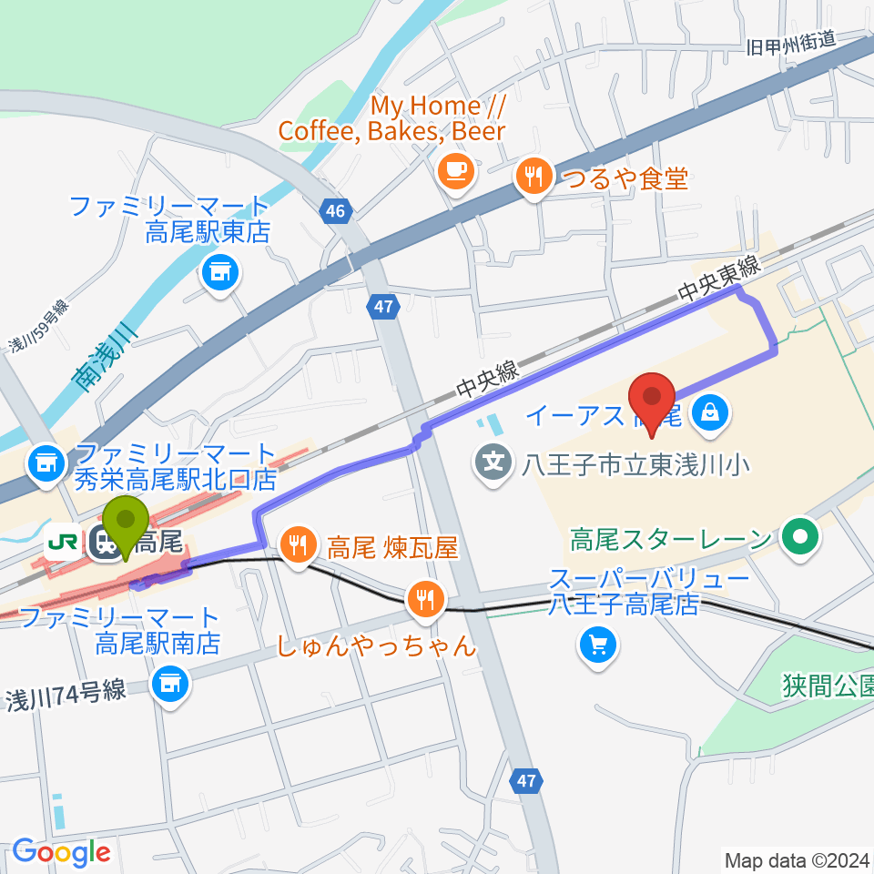 高尾駅から宮地楽器 イーアス高尾センターへのルートマップ地図