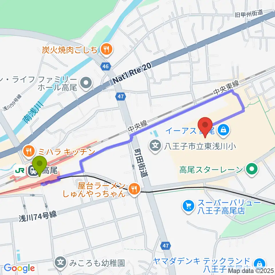 高尾駅から宮地楽器 イーアス高尾センターへのルートマップ地図