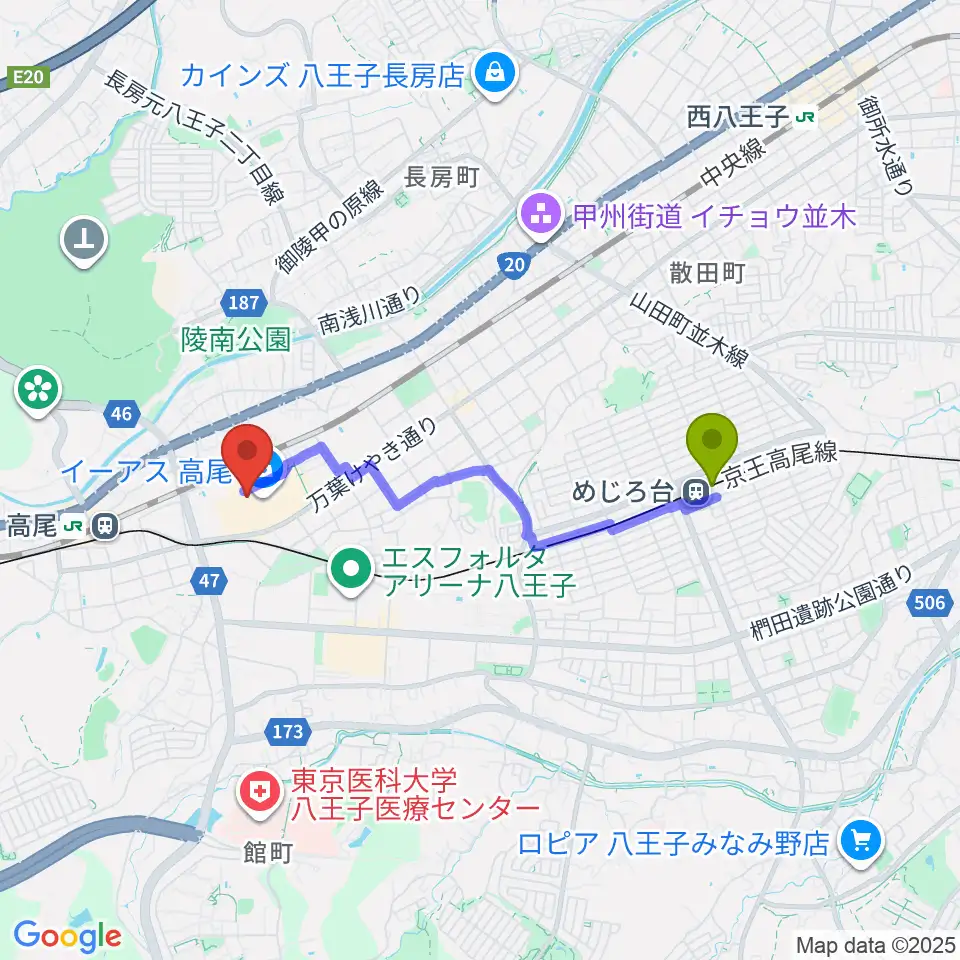 めじろ台駅から宮地楽器 イーアス高尾センターへのルートマップ地図
