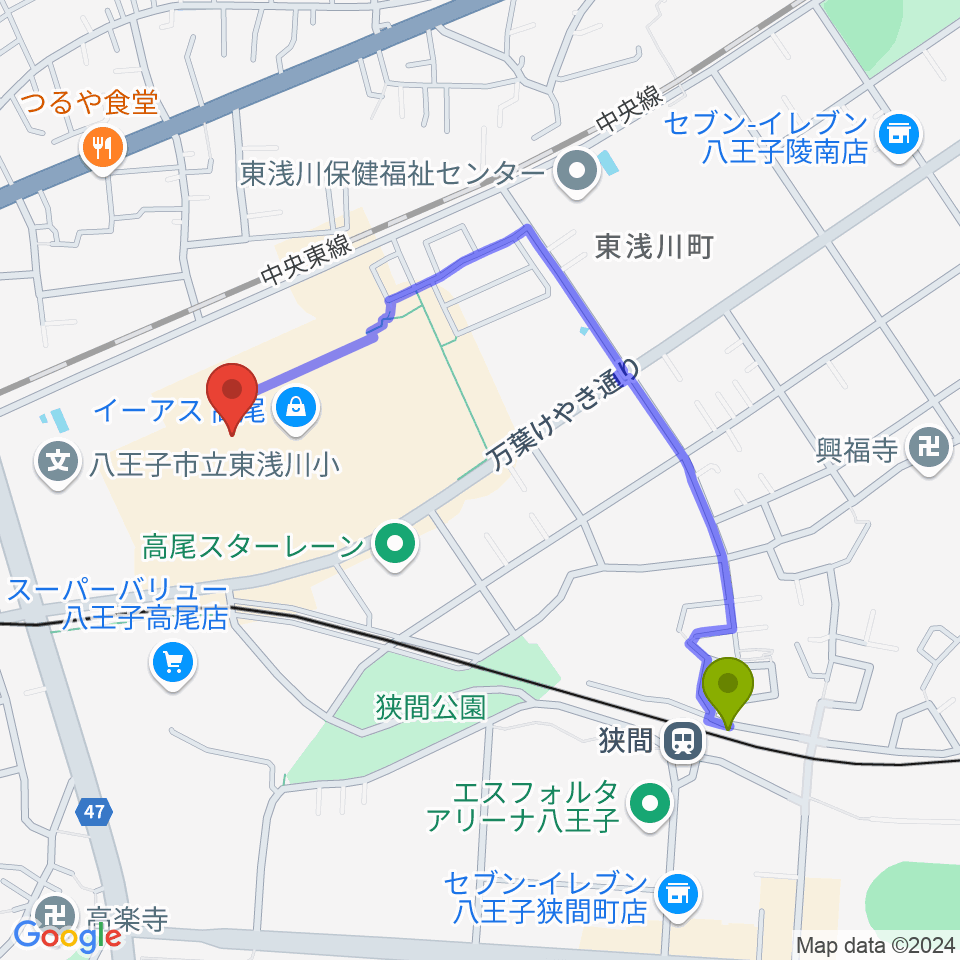 宮地楽器 イーアス高尾センターの最寄駅狭間駅からの徒歩ルート（約9分）地図