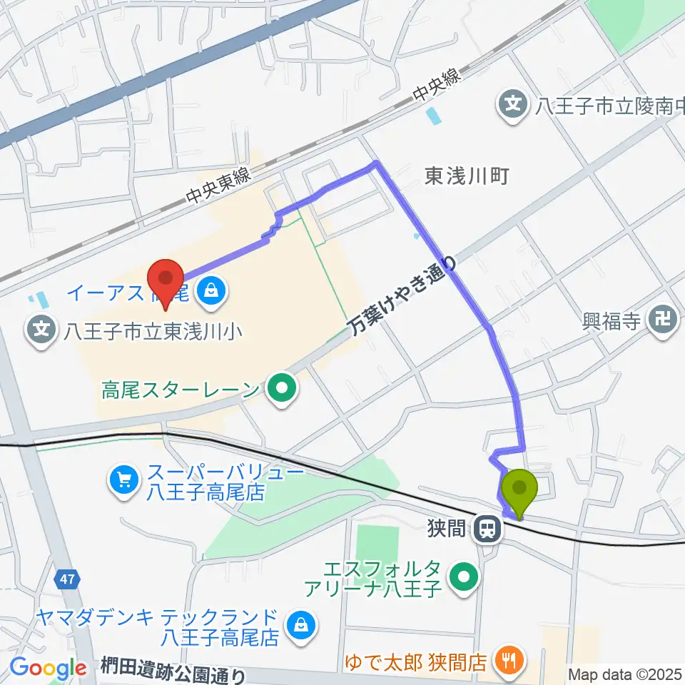 宮地楽器 イーアス高尾センターの最寄駅狭間駅からの徒歩ルート（約9分）地図