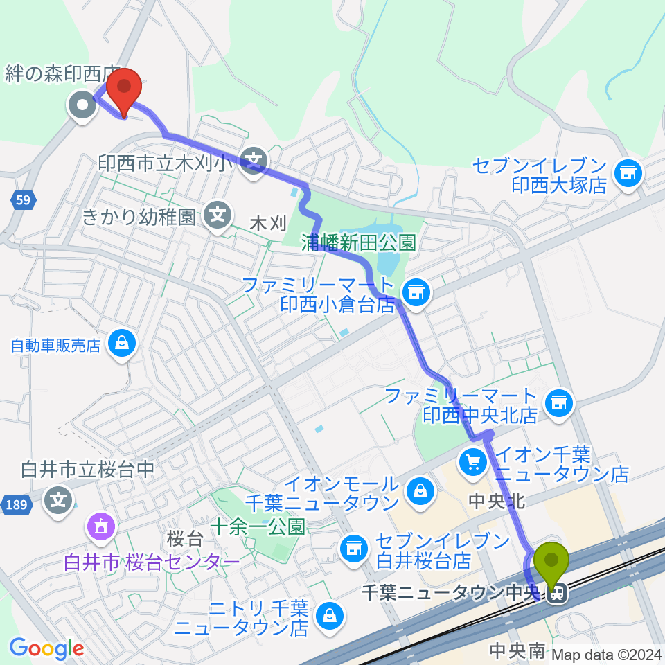 ピアノ工房ピアピットの最寄駅千葉ニュータウン中央駅からの徒歩ルート（約30分）地図