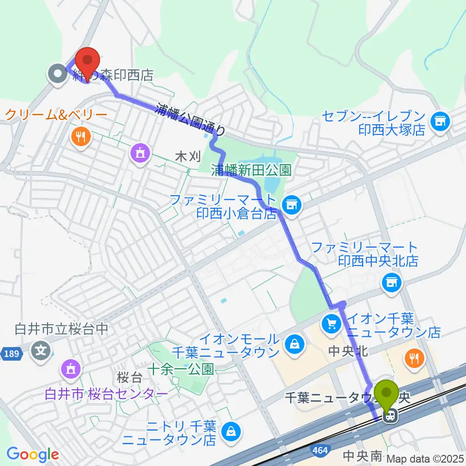 ピアピットの最寄駅千葉ニュータウン中央駅からの徒歩ルート（約30分）地図