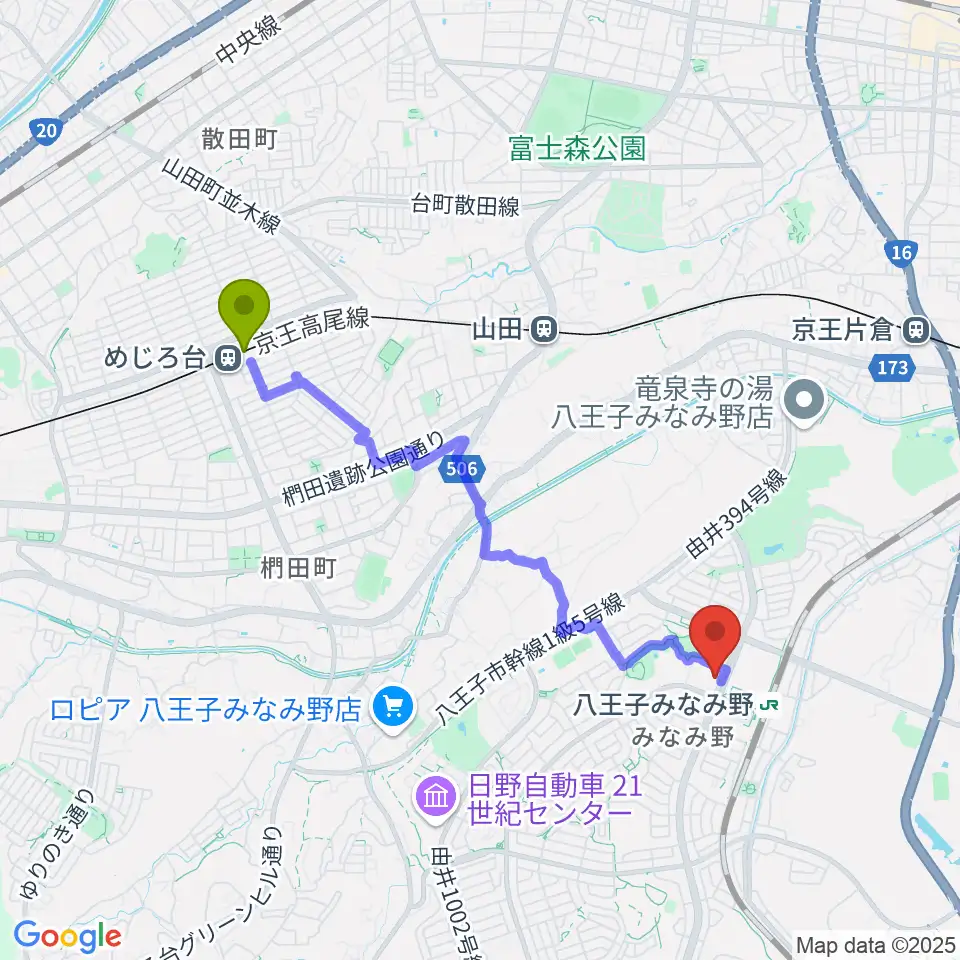 めじろ台駅から宮地楽器 八王子みなみ野センターへのルートマップ地図