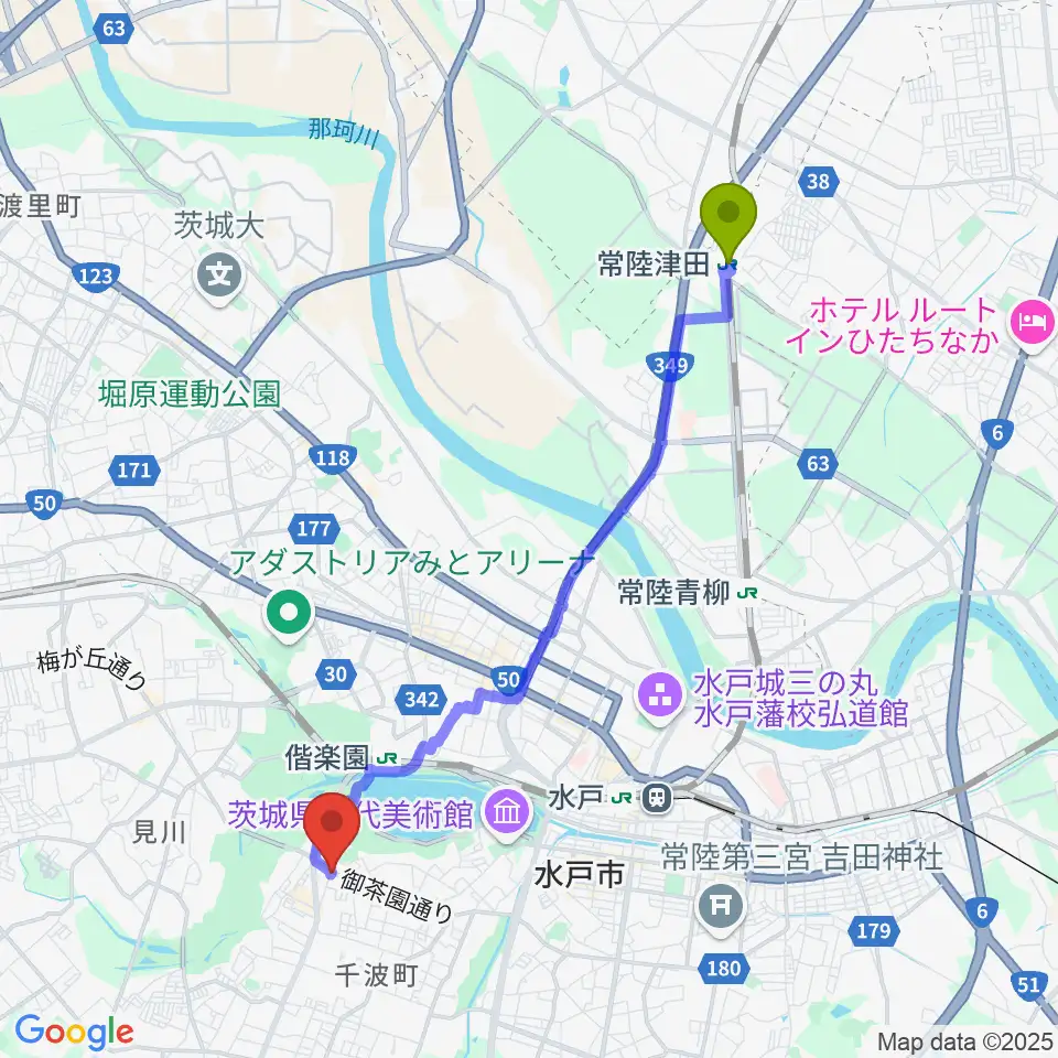 常陸津田駅からセンバヤマスタジオへのルートマップ地図