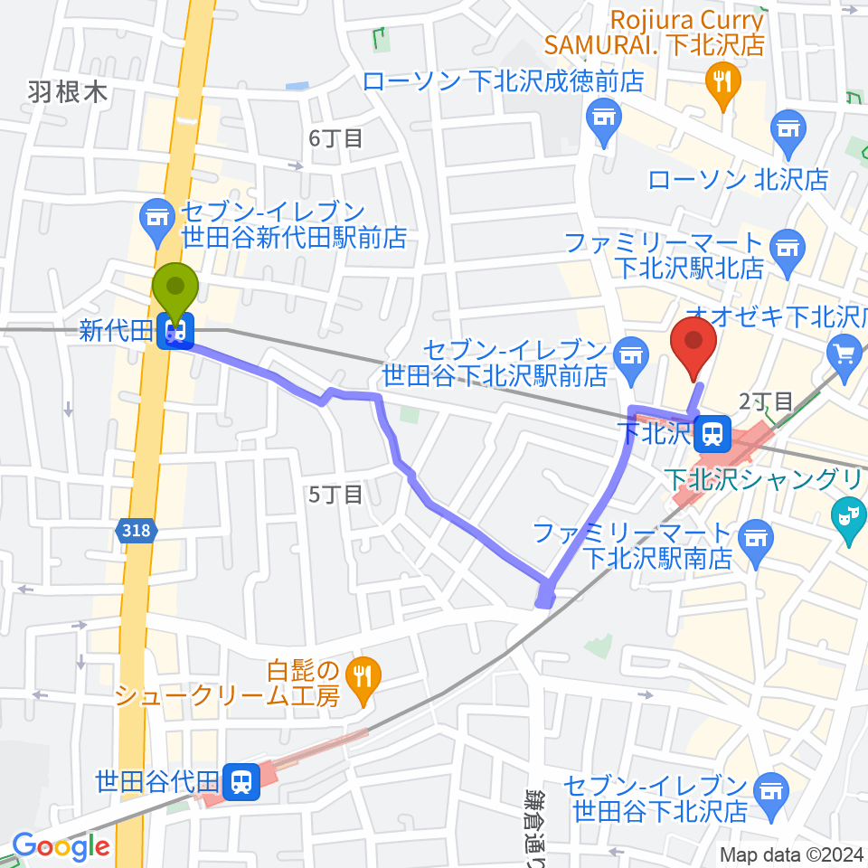新代田駅から川上楽器 下北沢センターへのルートマップ地図