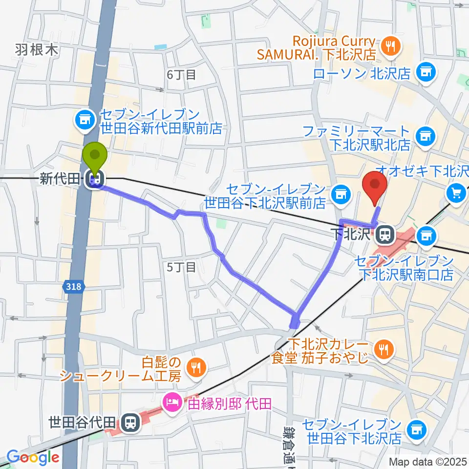 新代田駅から川上楽器 下北沢センターへのルートマップ地図