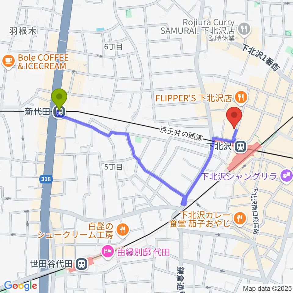 新代田駅から川上楽器 下北沢センターへのルートマップ地図