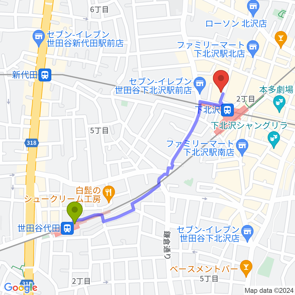 世田谷代田駅から川上楽器 下北沢センターへのルートマップ地図