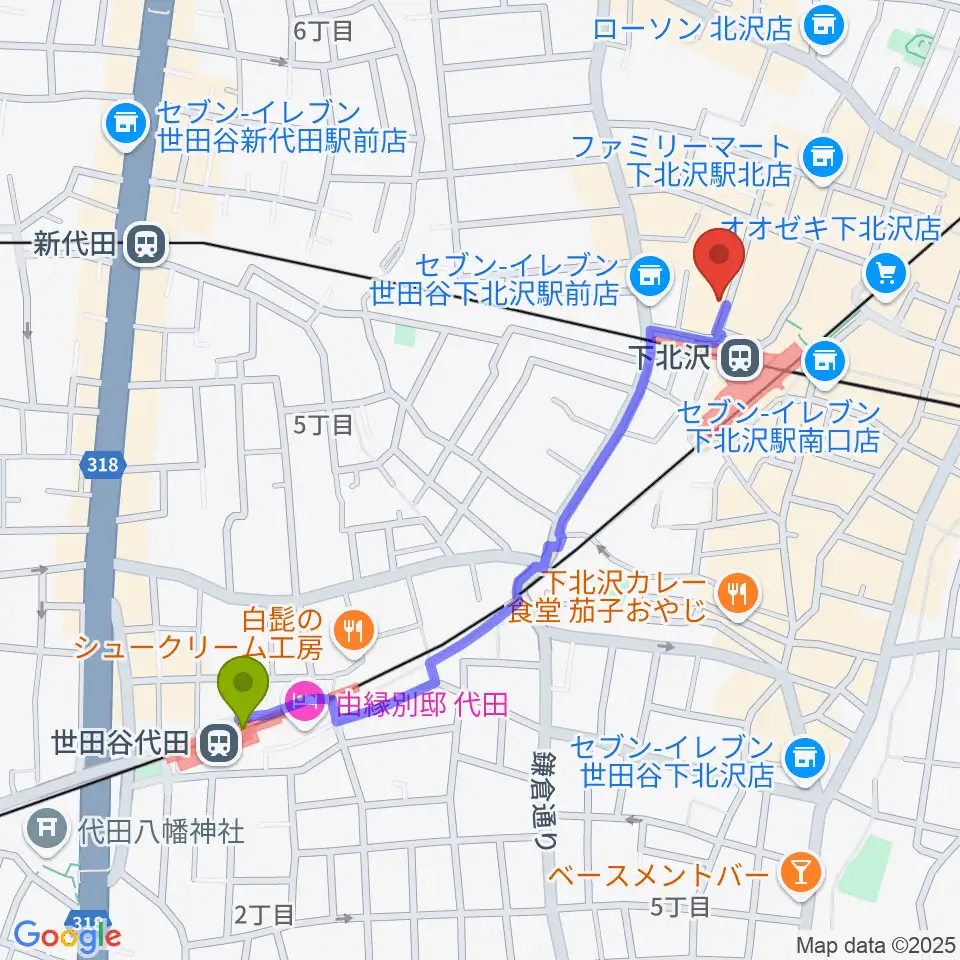 世田谷代田駅から川上楽器 下北沢センターへのルートマップ地図