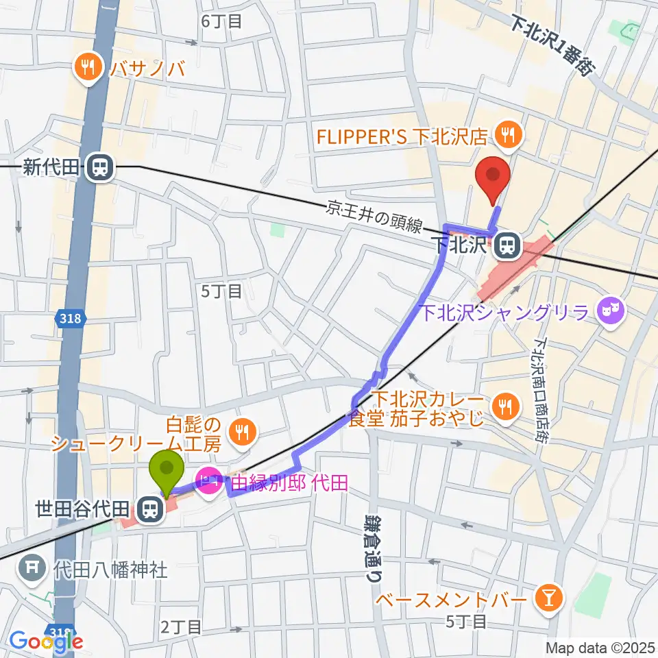 世田谷代田駅から川上楽器 下北沢センターへのルートマップ地図