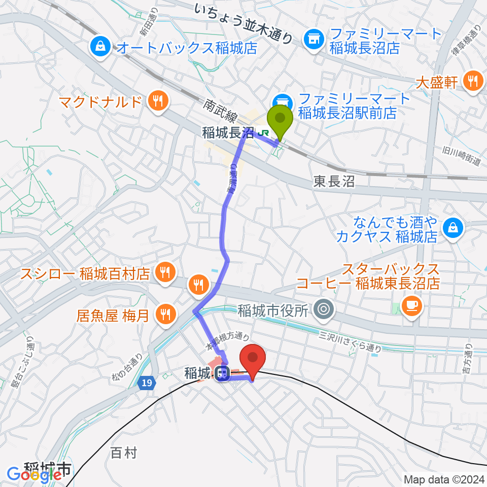 稲城長沼駅から川上楽器 稲城センターへのルートマップ地図