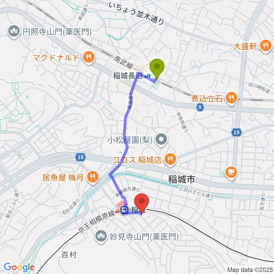 稲城長沼駅から川上楽器 稲城センターへのルートマップ地図