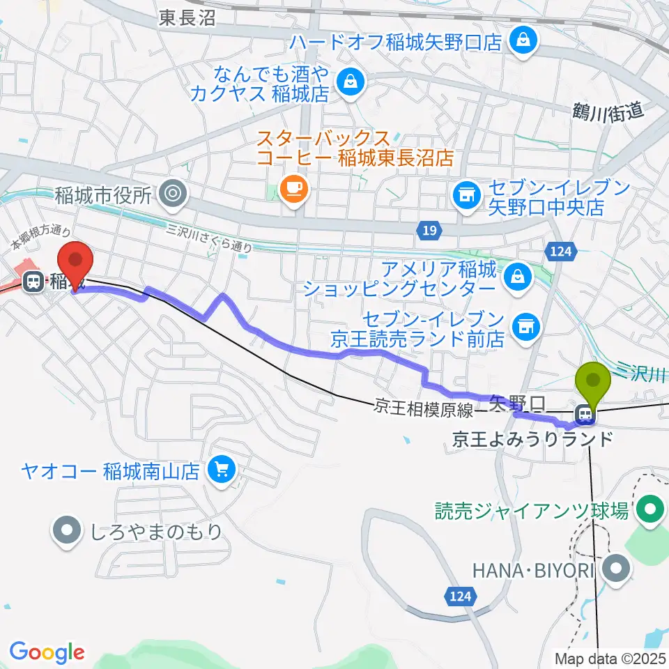京王よみうりランド駅から川上楽器 稲城センターへのルートマップ地図