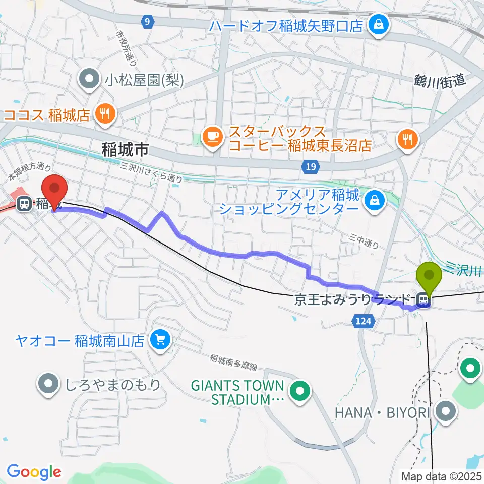 京王よみうりランド駅から川上楽器 稲城センターへのルートマップ地図
