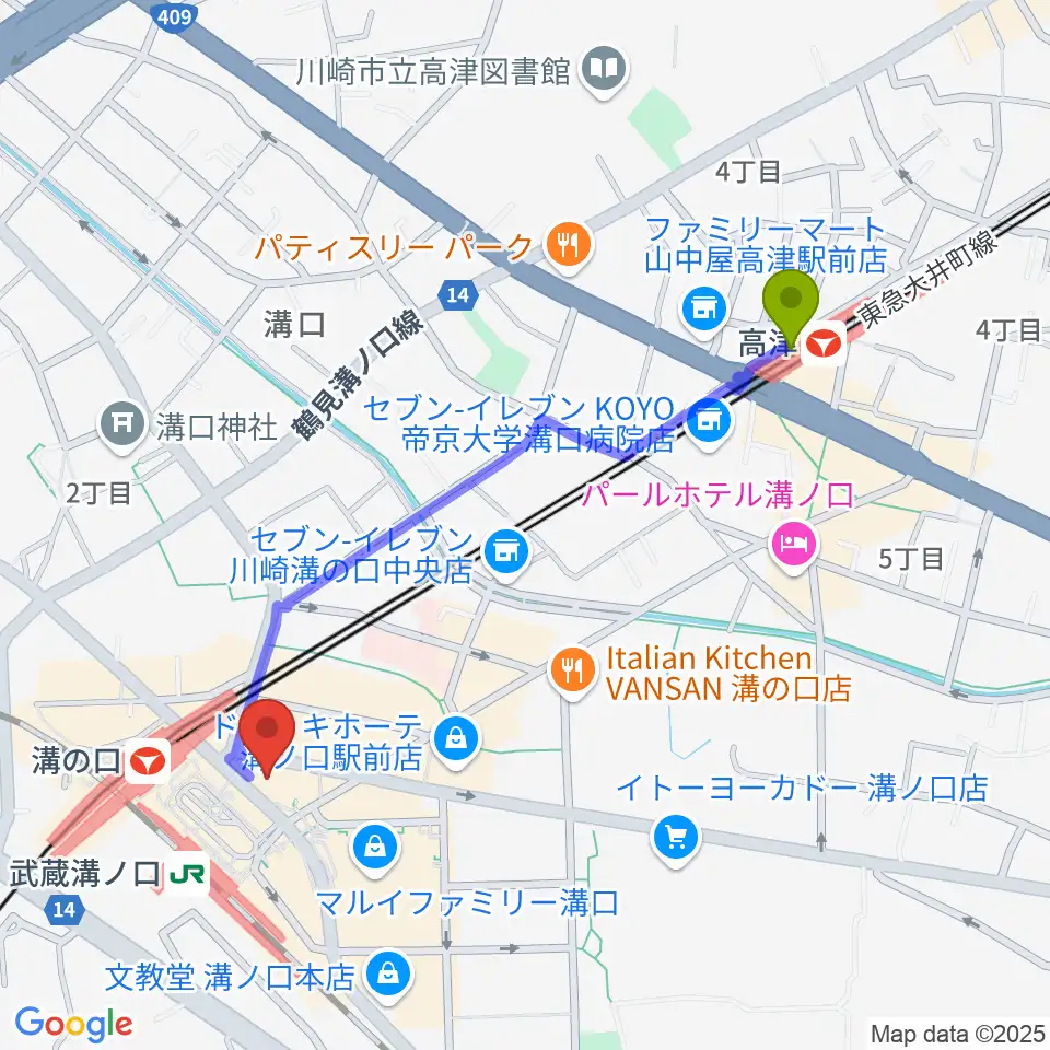 高津駅から川上楽器 溝ノ口センターへのルートマップ地図