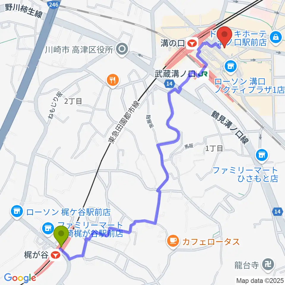 梶が谷駅から川上楽器 溝ノ口センターへのルートマップ地図