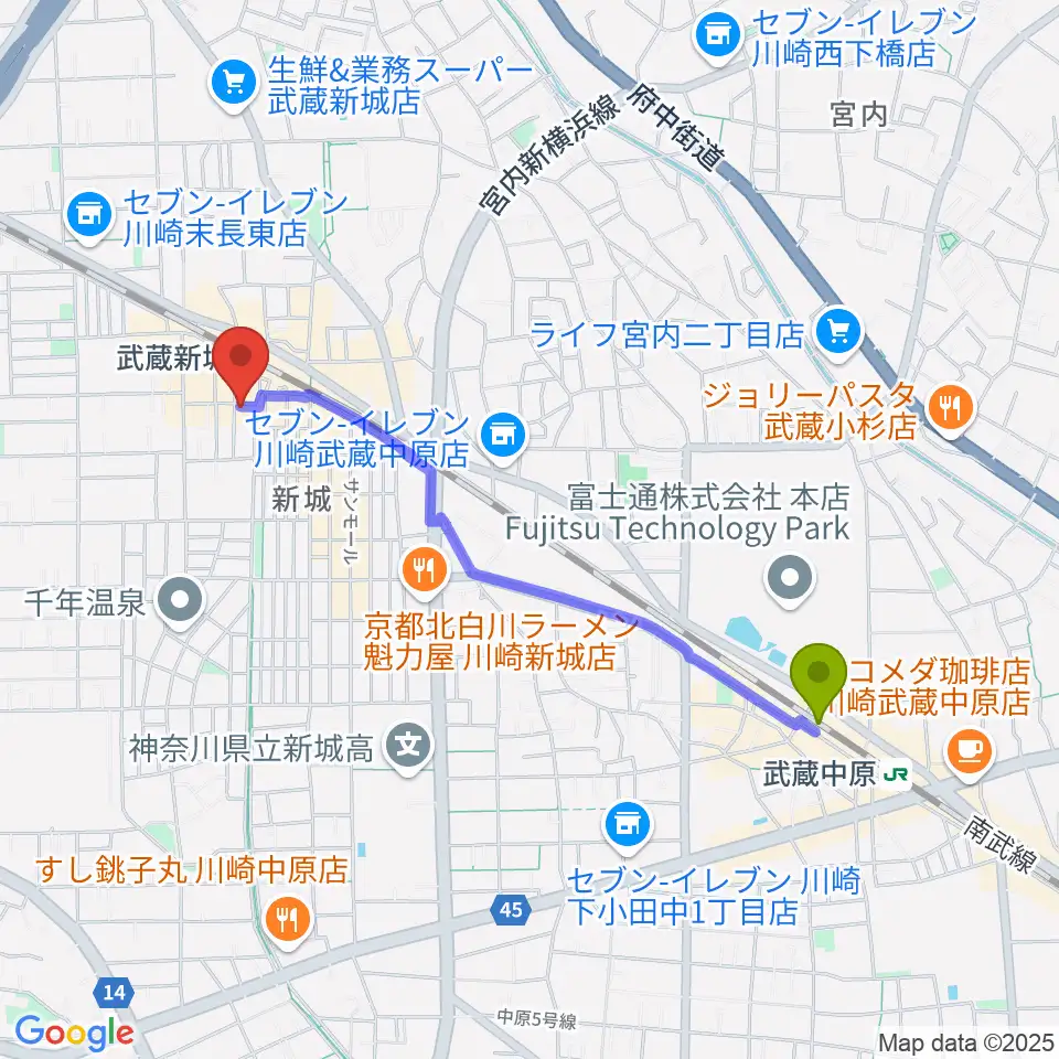 武蔵中原駅から川上楽器 新城センターへのルートマップ地図