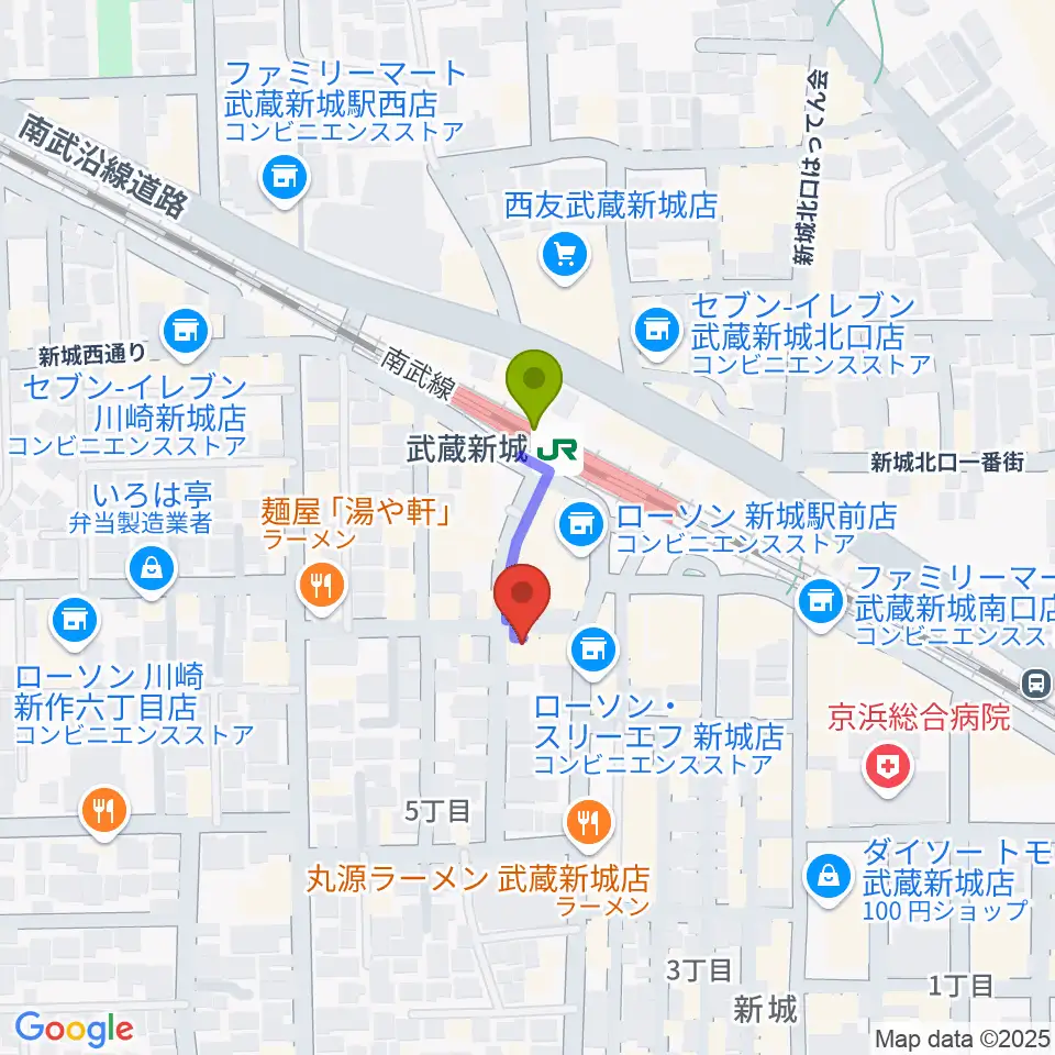 川上楽器 新城センターの最寄駅武蔵新城駅からの徒歩ルート（約2分）地図