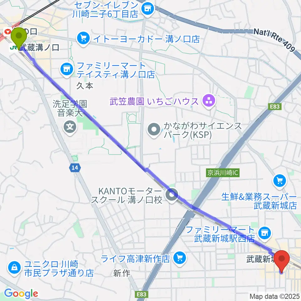 武蔵溝ノ口駅から川上楽器 新城センターへのルートマップ地図