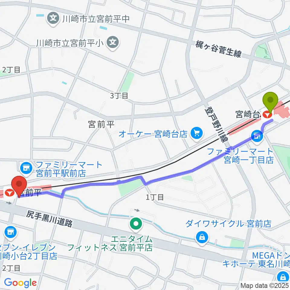 宮崎台駅から川上楽器 宮前平センターへのルートマップ地図