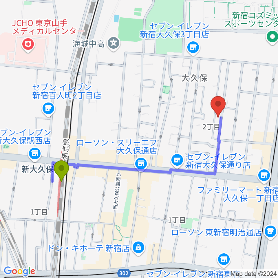 新大久保駅から高橋管楽器へのルートマップ地図