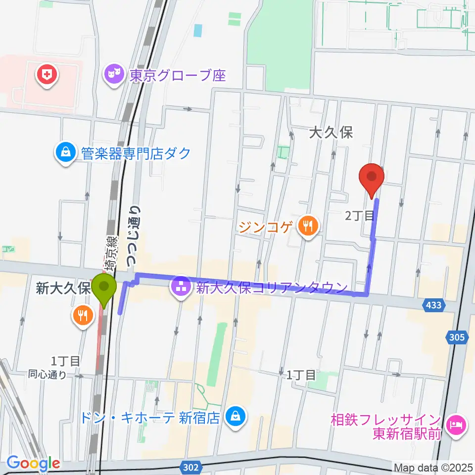 新大久保駅から高橋管楽器へのルートマップ地図