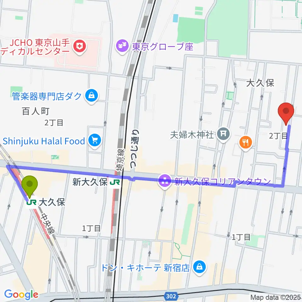 大久保駅から高橋管楽器へのルートマップ地図