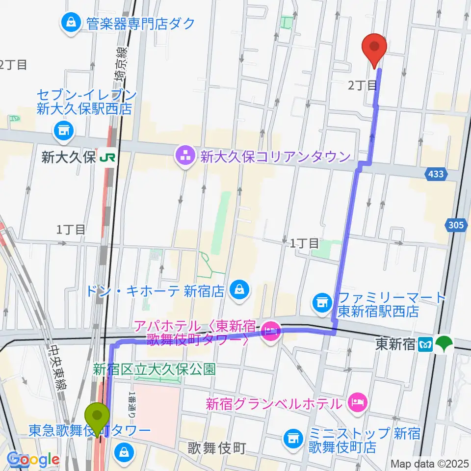 西武新宿駅から高橋管楽器へのルートマップ地図