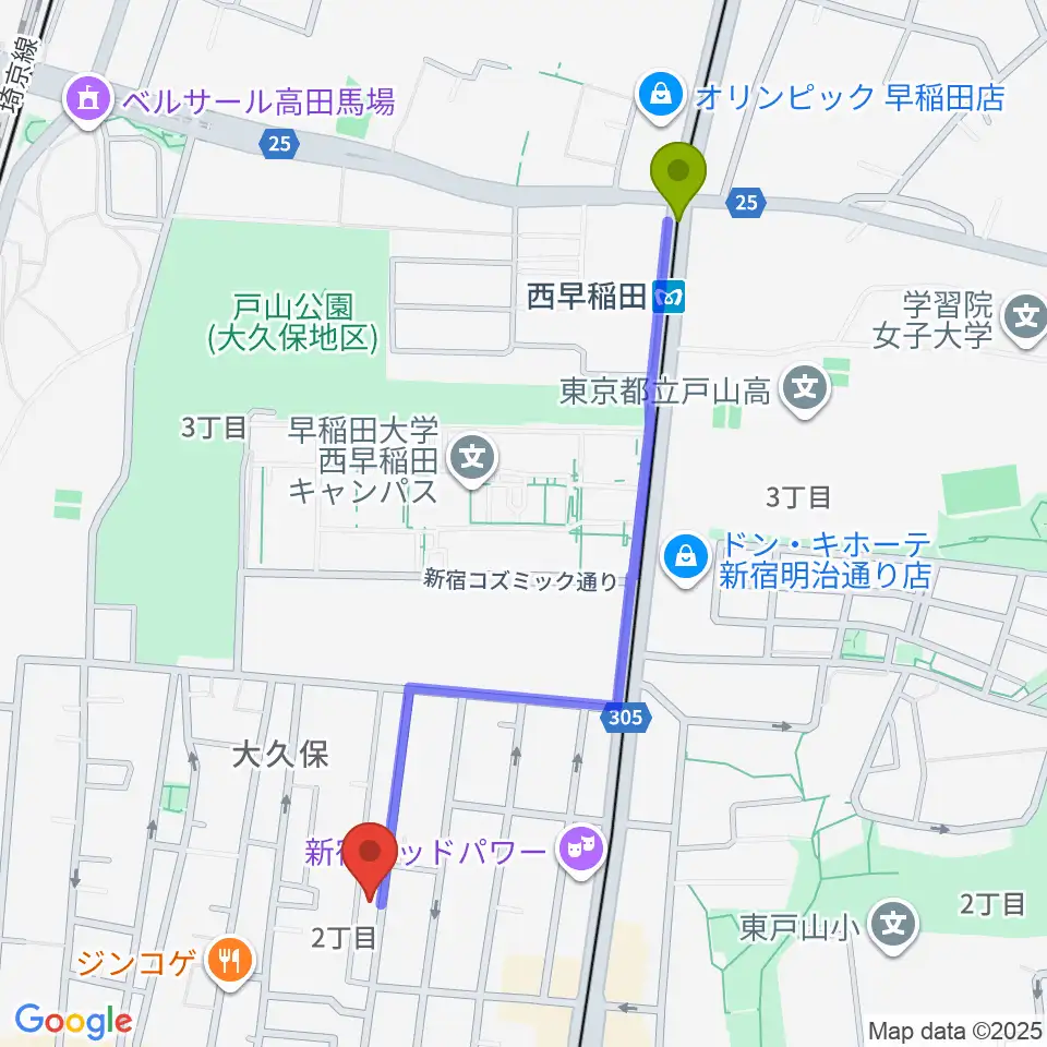 西早稲田駅から高橋管楽器へのルートマップ地図