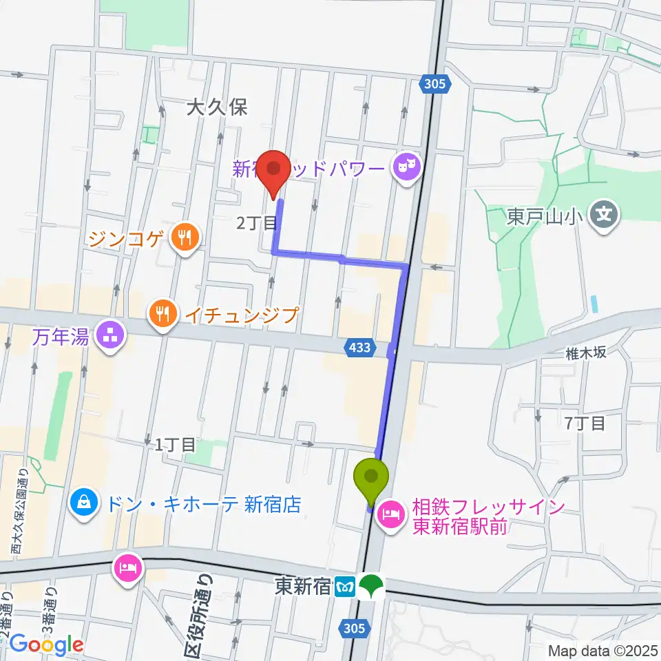 高橋管楽器の最寄駅東新宿駅からの徒歩ルート（約8分）地図