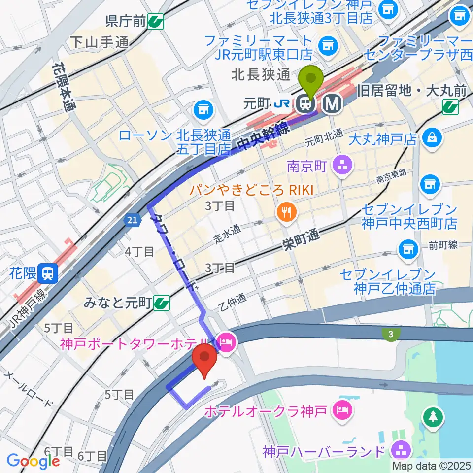 元町駅からHATOBA MUSIC SCHOOL A&D MUSICへのルートマップ地図