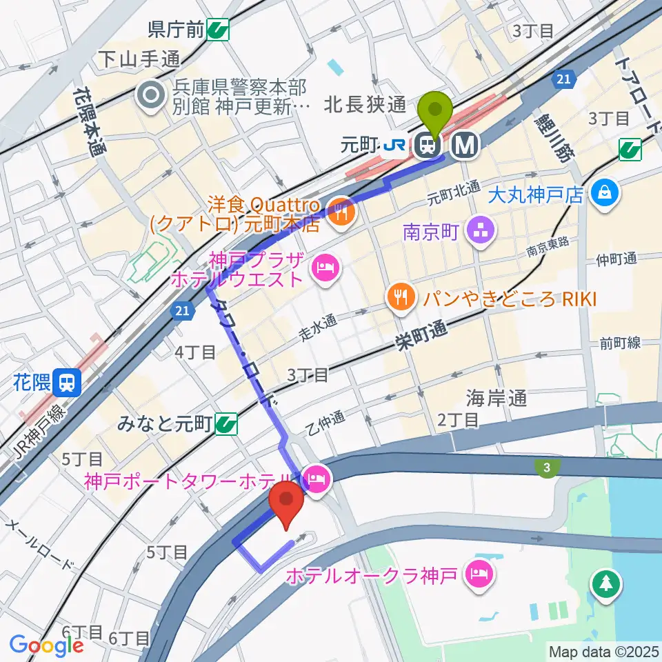 元町駅からHATOBA MUSIC SCHOOL A&D MUSICへのルートマップ地図