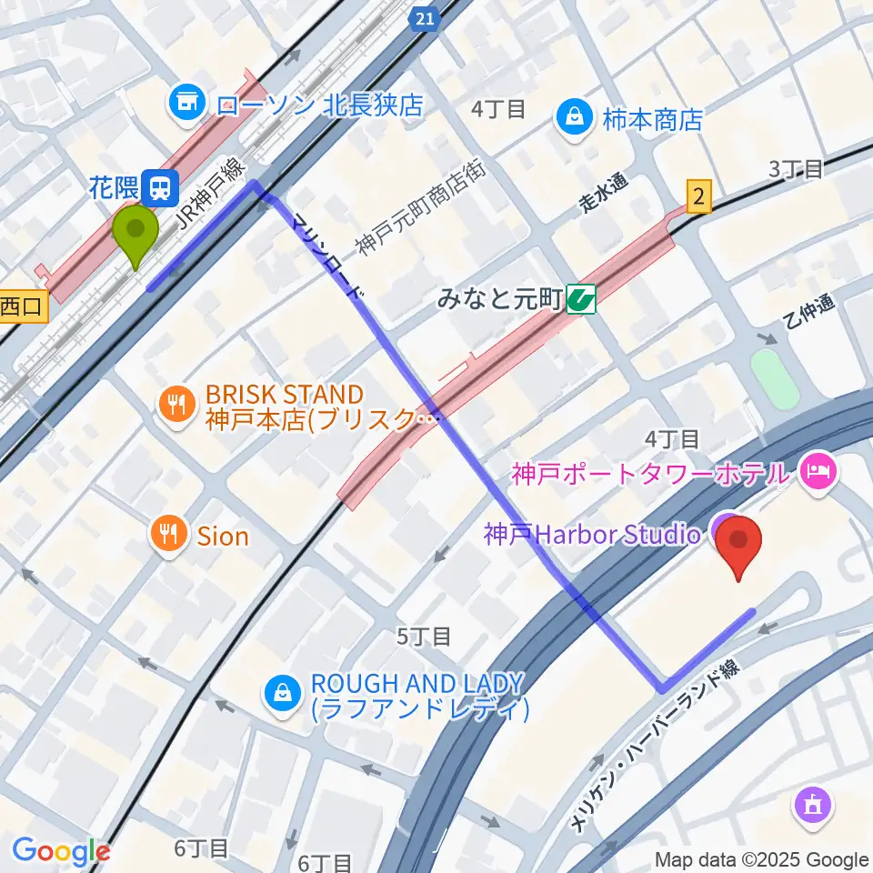 花隈駅からHATOBA MUSIC SCHOOL A&D MUSICへのルートマップ地図