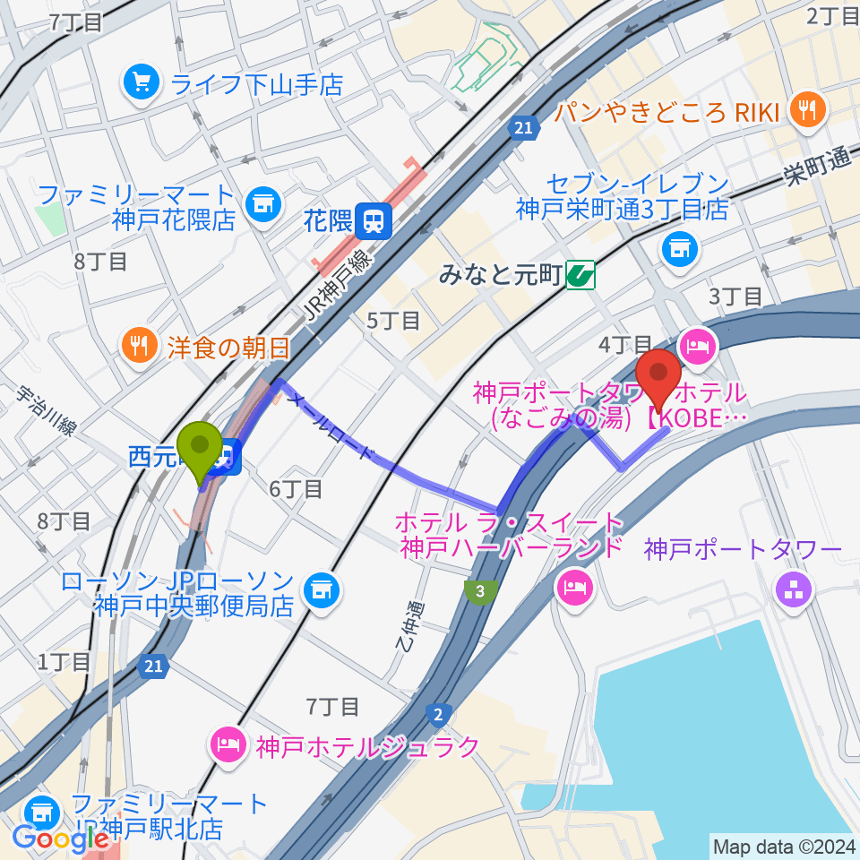 西元町駅からHATOBA MUSIC SCHOOL A&D MUSICへのルートマップ地図