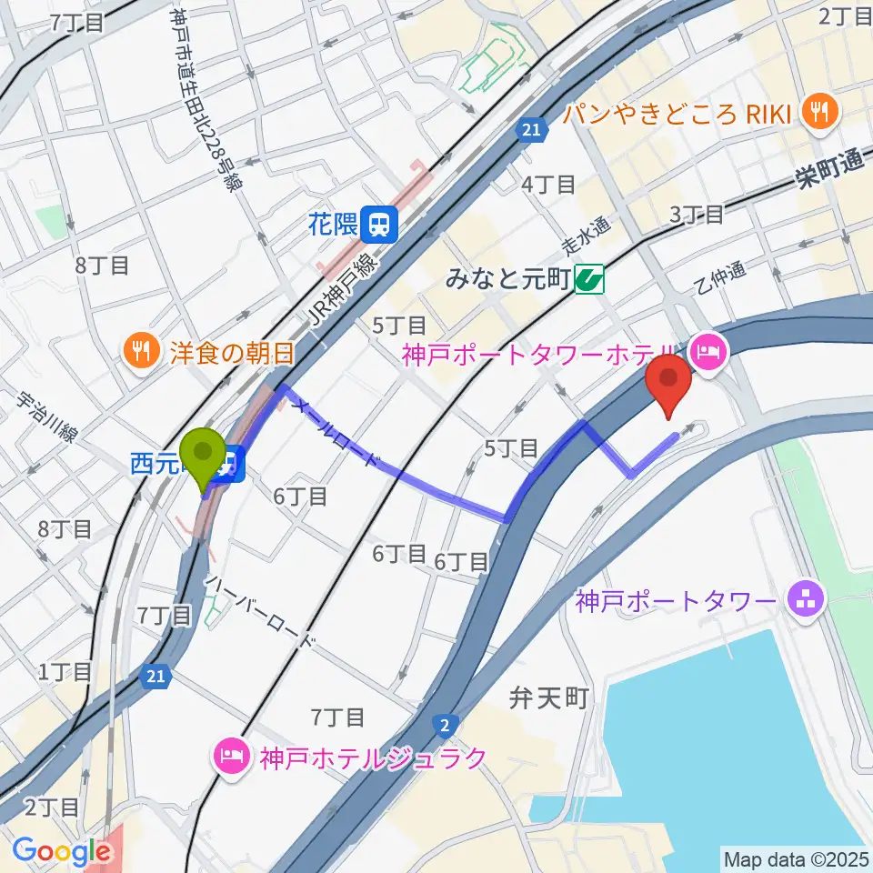西元町駅からHATOBA MUSIC SCHOOL A&D MUSICへのルートマップ地図