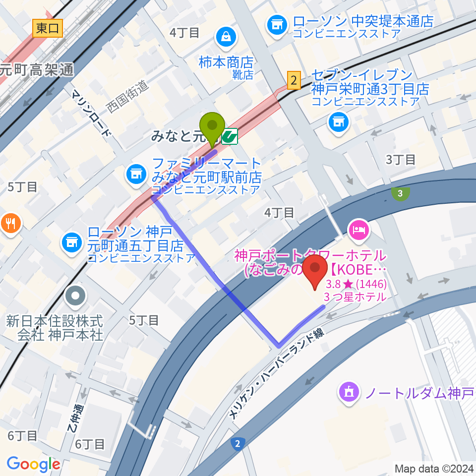 HATOBA MUSIC SCHOOL A&D MUSICの最寄駅みなと元町駅からの徒歩ルート（約3分）地図