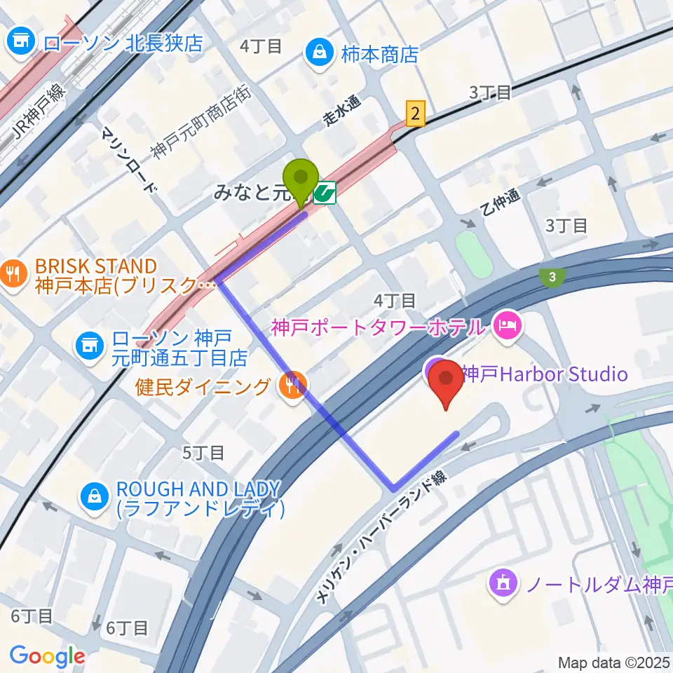 HATOBA MUSIC SCHOOL A&D MUSICの最寄駅みなと元町駅からの徒歩ルート（約3分）地図