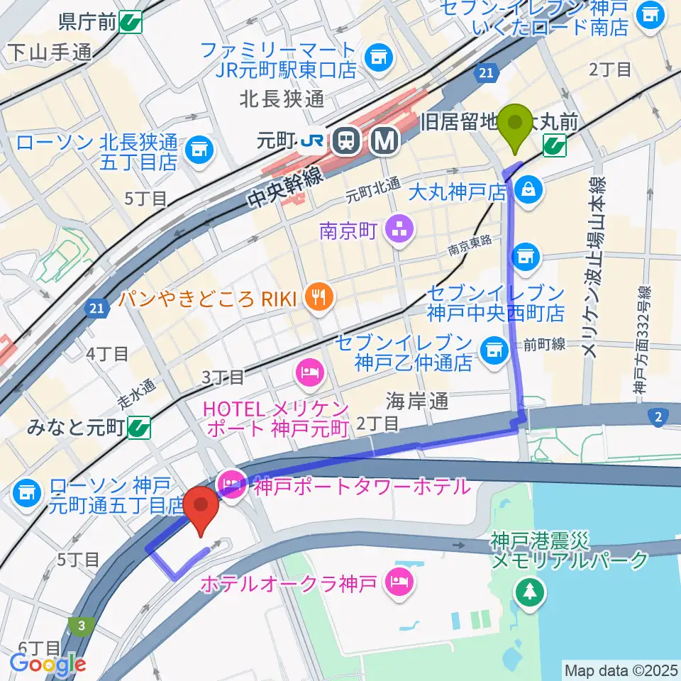 旧居留地・大丸前駅からHATOBA MUSIC SCHOOL A&D MUSICへのルートマップ地図