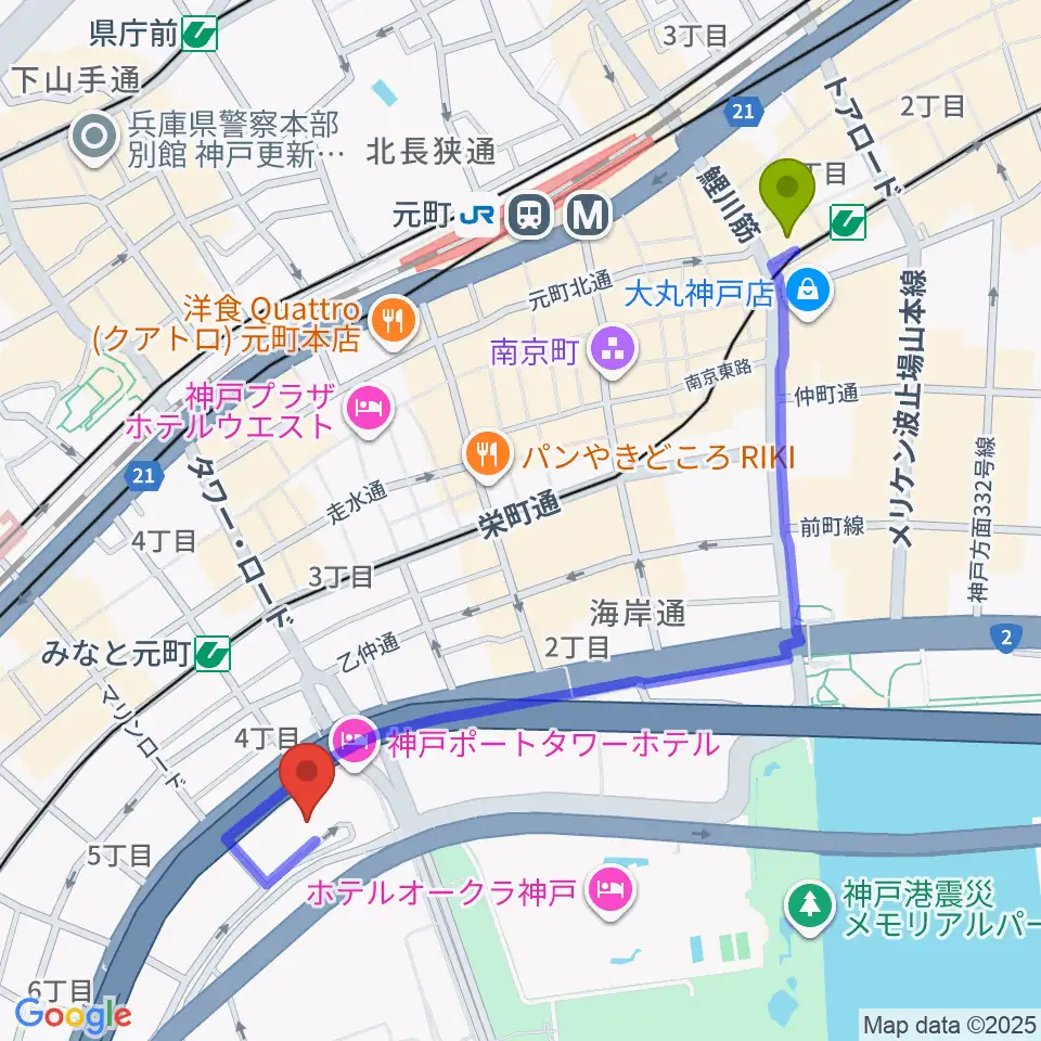 旧居留地・大丸前駅からHATOBA MUSIC SCHOOL A&D MUSICへのルートマップ地図