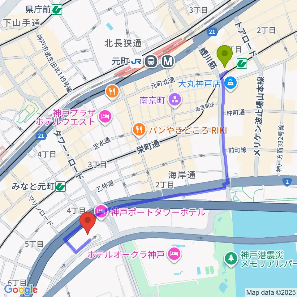 旧居留地・大丸前駅からHATOBA MUSIC SCHOOL A&D MUSICへのルートマップ地図